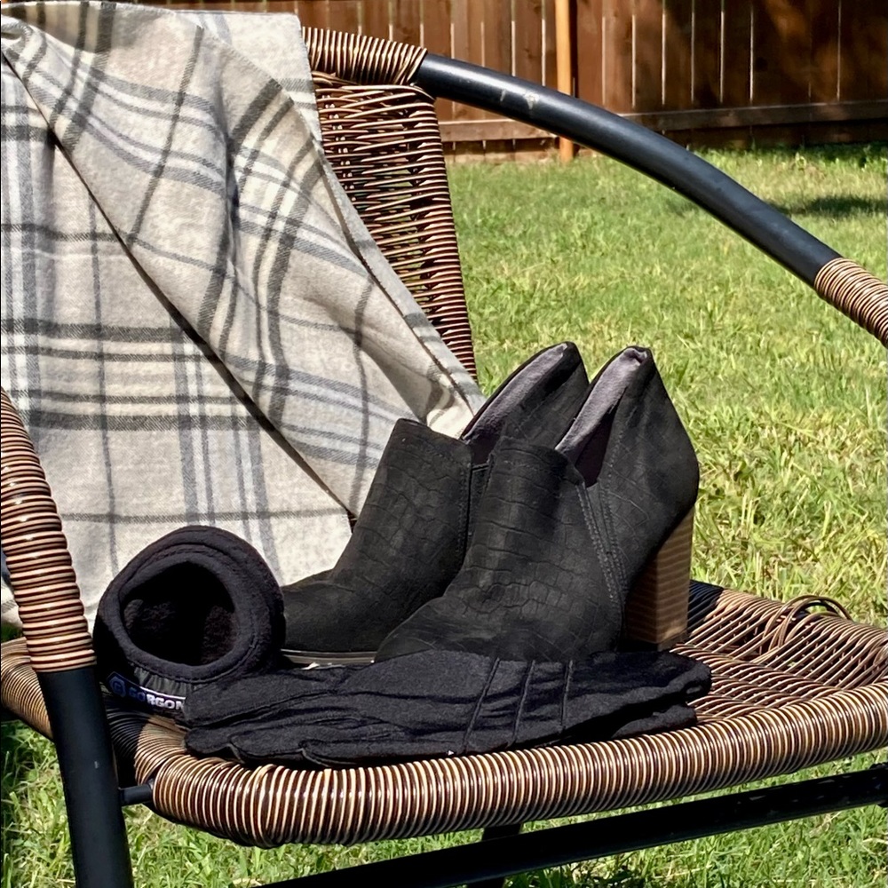 DR SCHOLL’S - Black suede booties. Size 7.5.  Worn once.  Excellent condition.